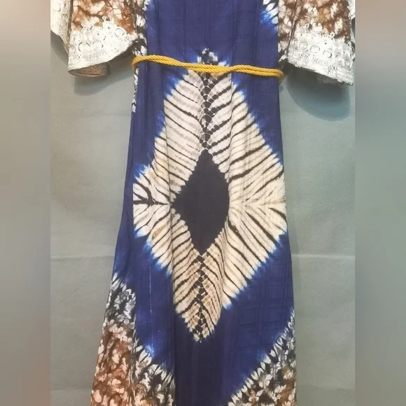 Vintage 70s Afro-centric heirloom robe wax print embroidered maxi length caftan - Picture 7 of 15